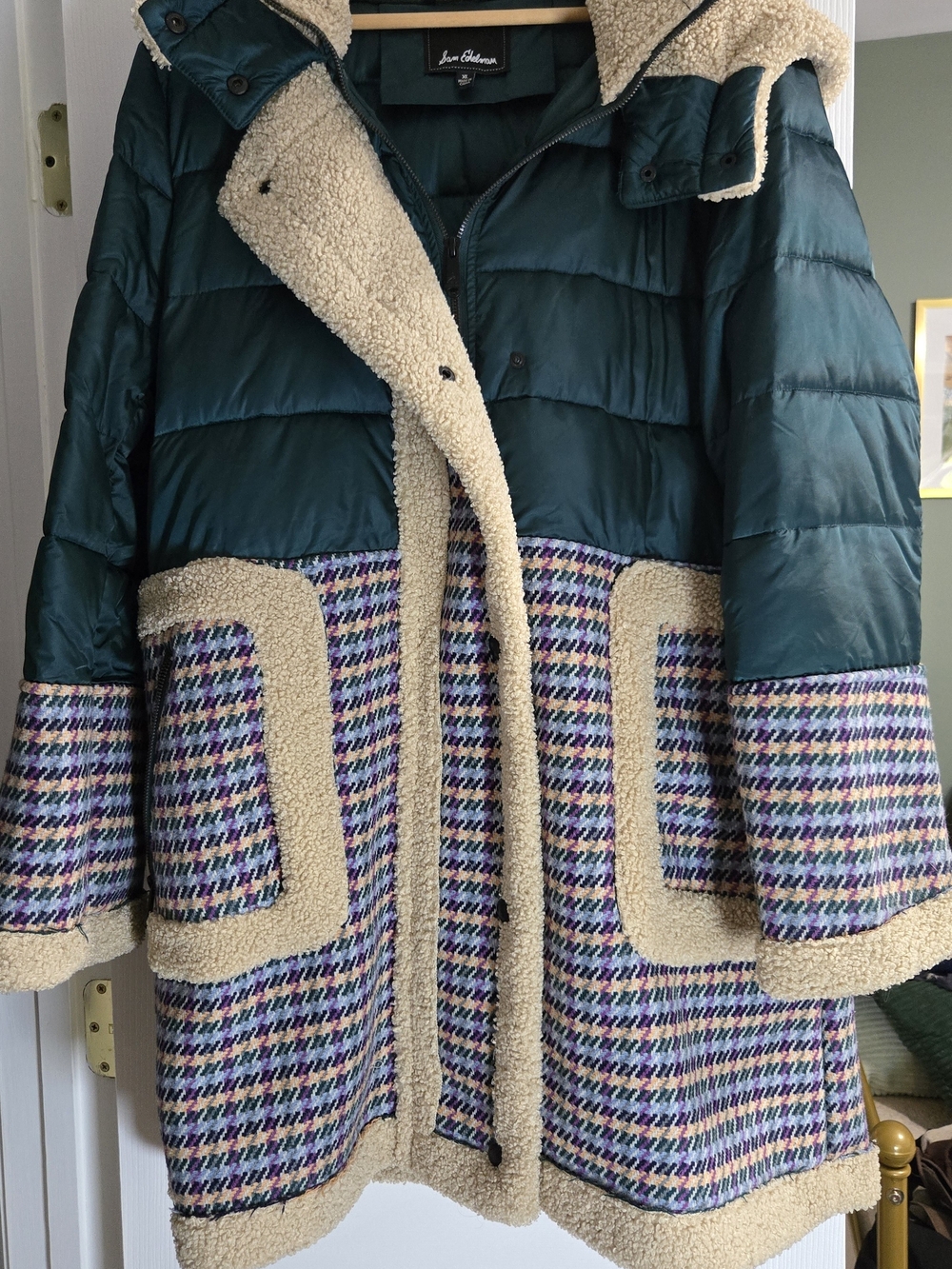 Sam Edelman Teal Puffer Coat with Cream Sherpa and Multicolor Houndstooth
